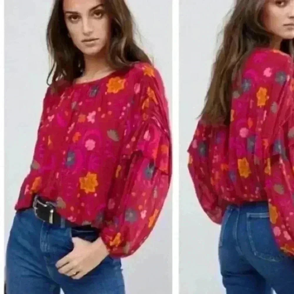 Free People Floral Print Mesh Top Ruched Balloon Sleeve Peasant Top Size Small